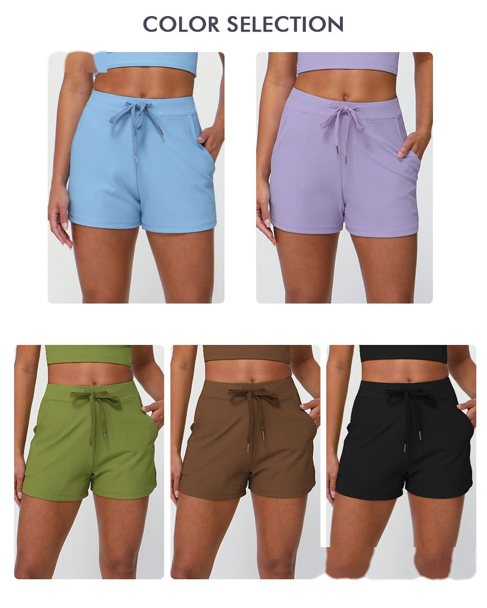 Customized rib loose casual shorts women's drawstring quick-drying yoga shorts pocket high elastic sports pants detail