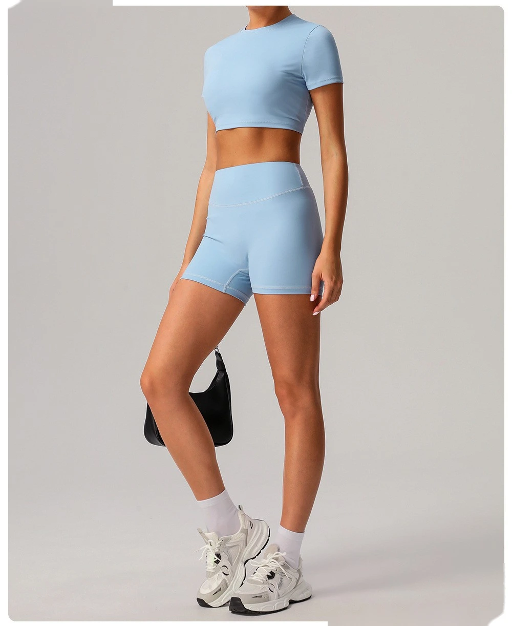 Custom nude yoga shorts hip running fitness pants tight high waist outdoor sports shorts female detail