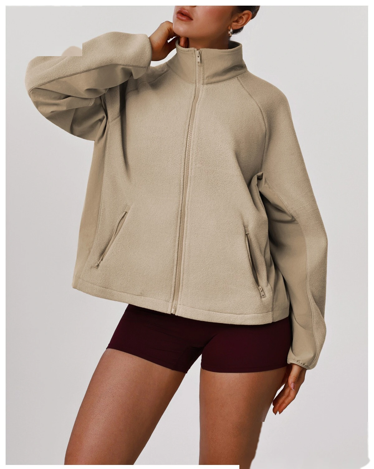 Bulk Custom Women's Fleece Jacket - Winter Warm Loose Fit Open-Front Sports Sweatshirt detail