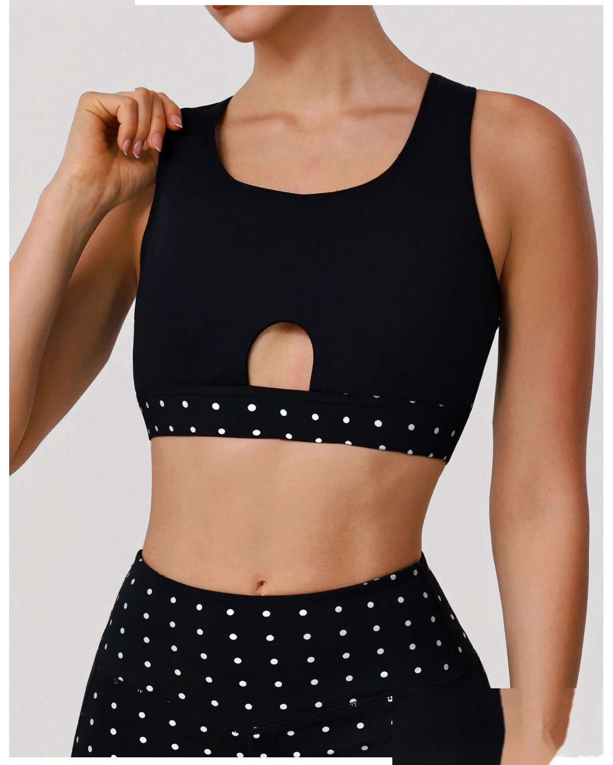 Bulk Custom Polka Dot Activewear Set - Open Back Bra & High-Waisted Tummy Control Yoga Pants detail