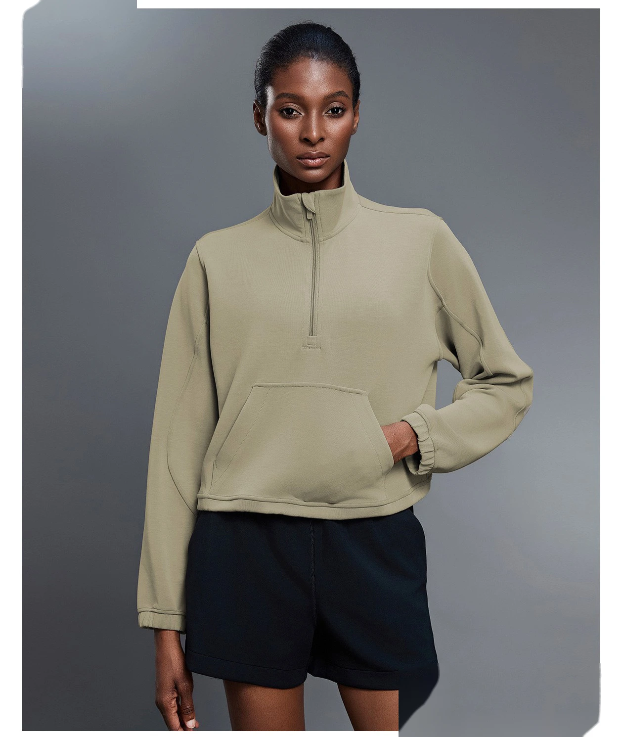 Women's Windproof Stand Collar Half-Zip Sweatshirt - Customizable Loose Drawstring Hem Fitness & Casual Sports Wear detail