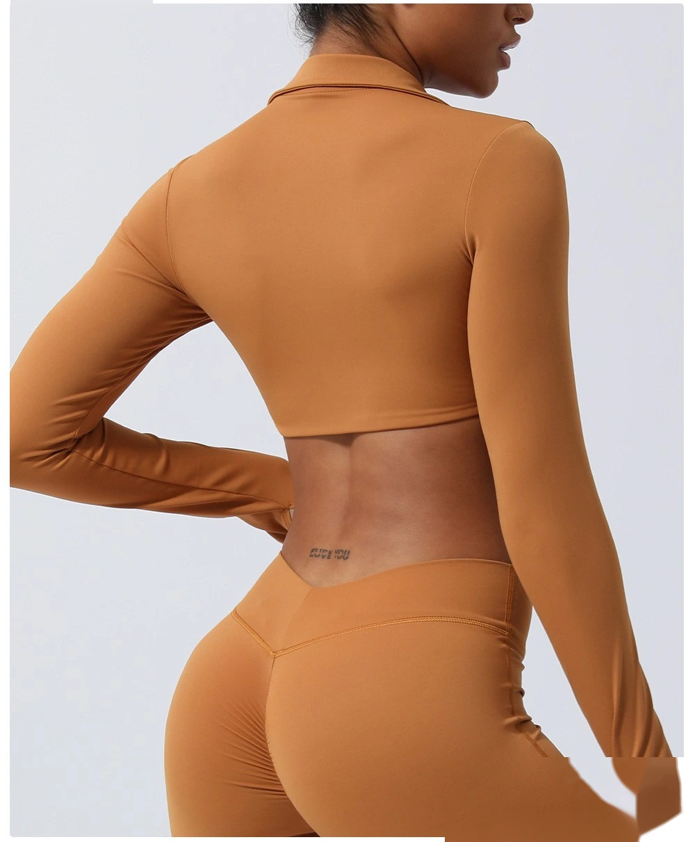 Custom-made nude lapel twisted sports shirt sexy navel yoga clothes long sleeve T-shirt detail
