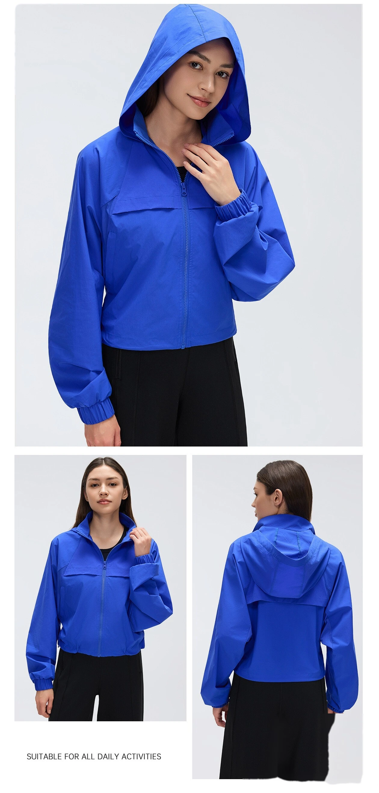Women’s Short Hooded Sports Jacket Water Resistant Loose Fit Outdoor Workout Quick Dry Outerwear detail