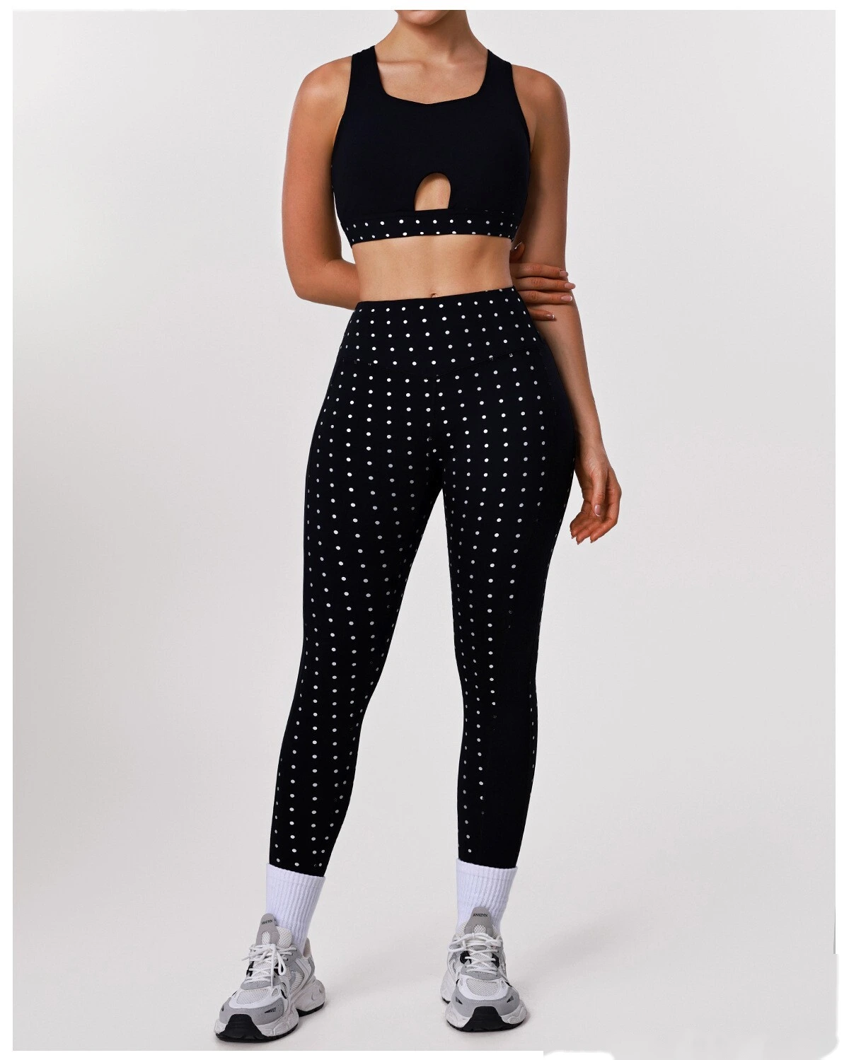 Bulk Custom Polka Dot Activewear Set - Open Back Bra & High-Waisted Tummy Control Yoga Pants detail