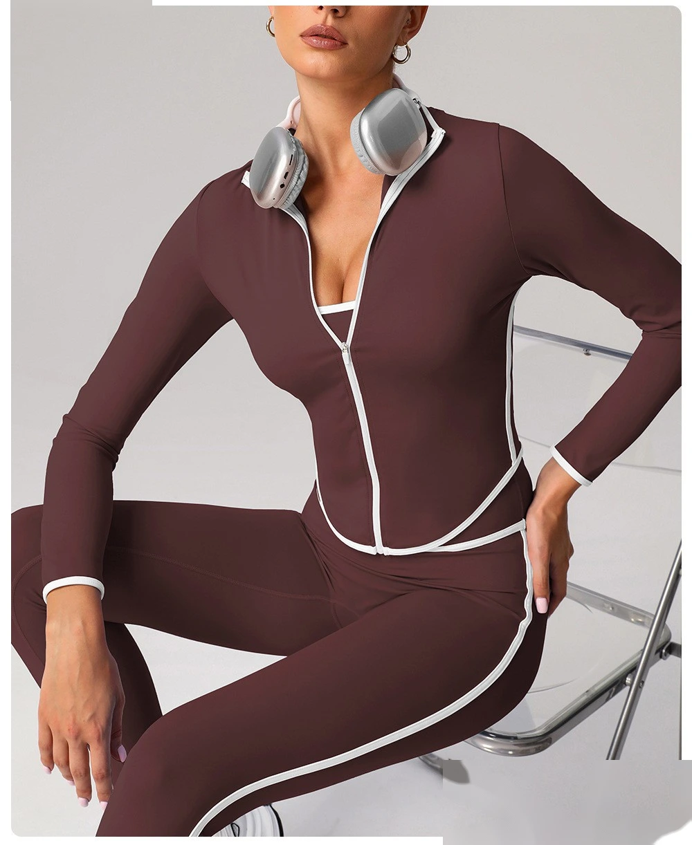 Customized contrast sports yoga coat stand collar long sleeve coat outdoor fitness clothes top detail