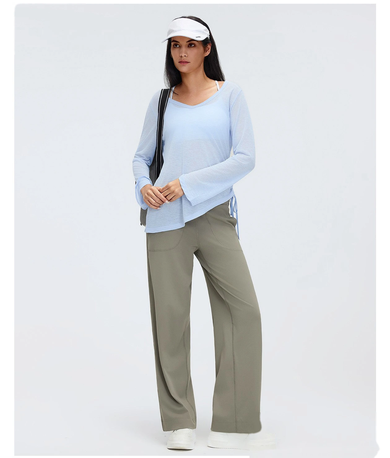 Women’s V-Neck Long Sleeve Yoga Shirt Drawstring Waist Slim Fit Casual Sports Tee Loose Cover Up detail