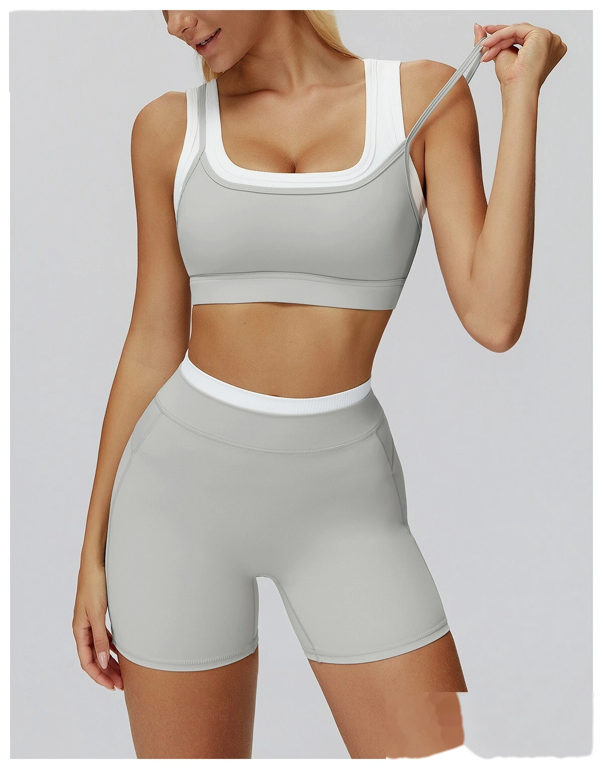 Customizable Naked-Feel Yoga Bra | Women's Fake Two-Piece Ribbed Contrast, Fitness & Running Style detail