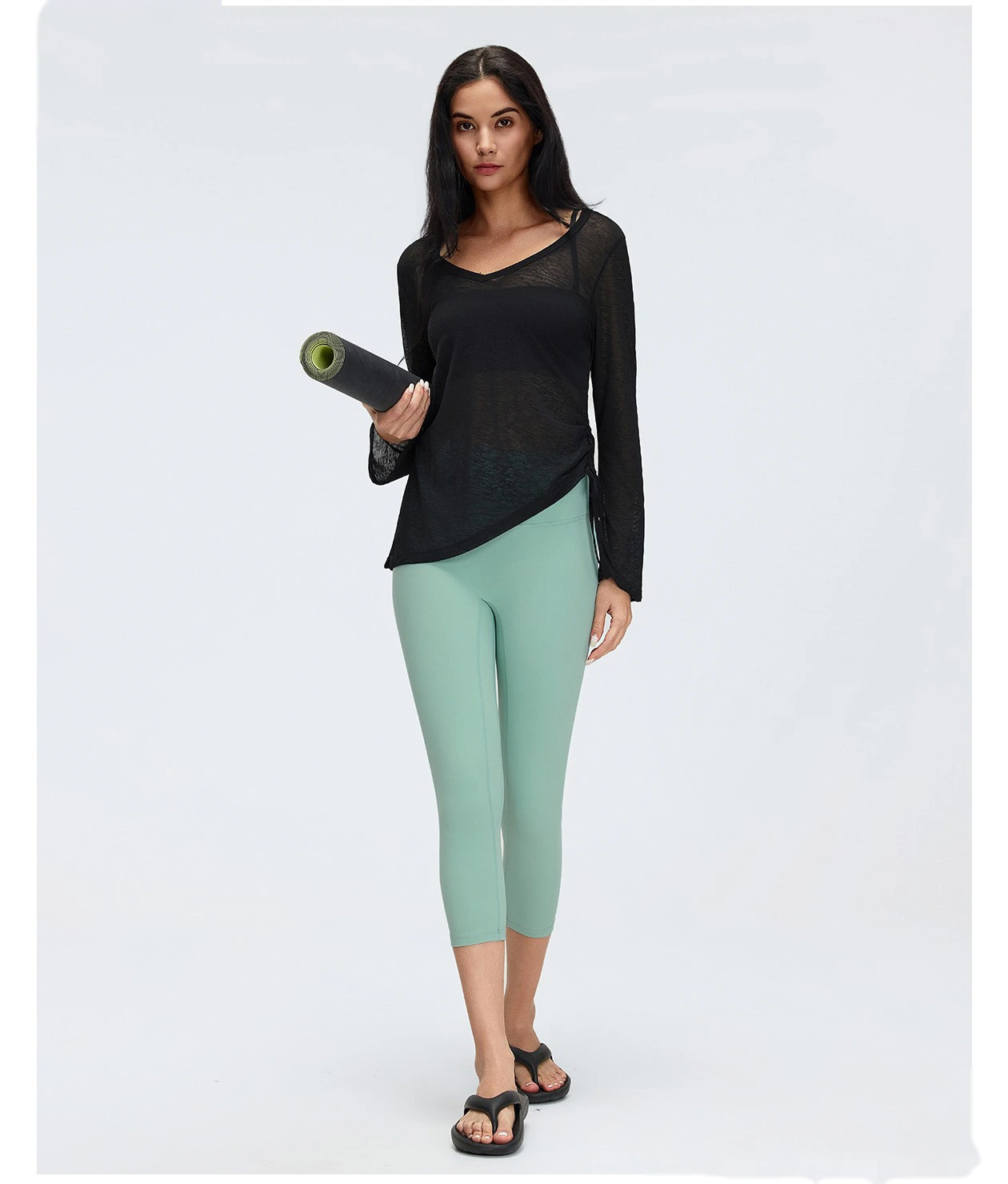 Women’s V-Neck Long Sleeve Yoga Shirt Drawstring Waist Slim Fit Casual Sports Tee Loose Cover Up detail
