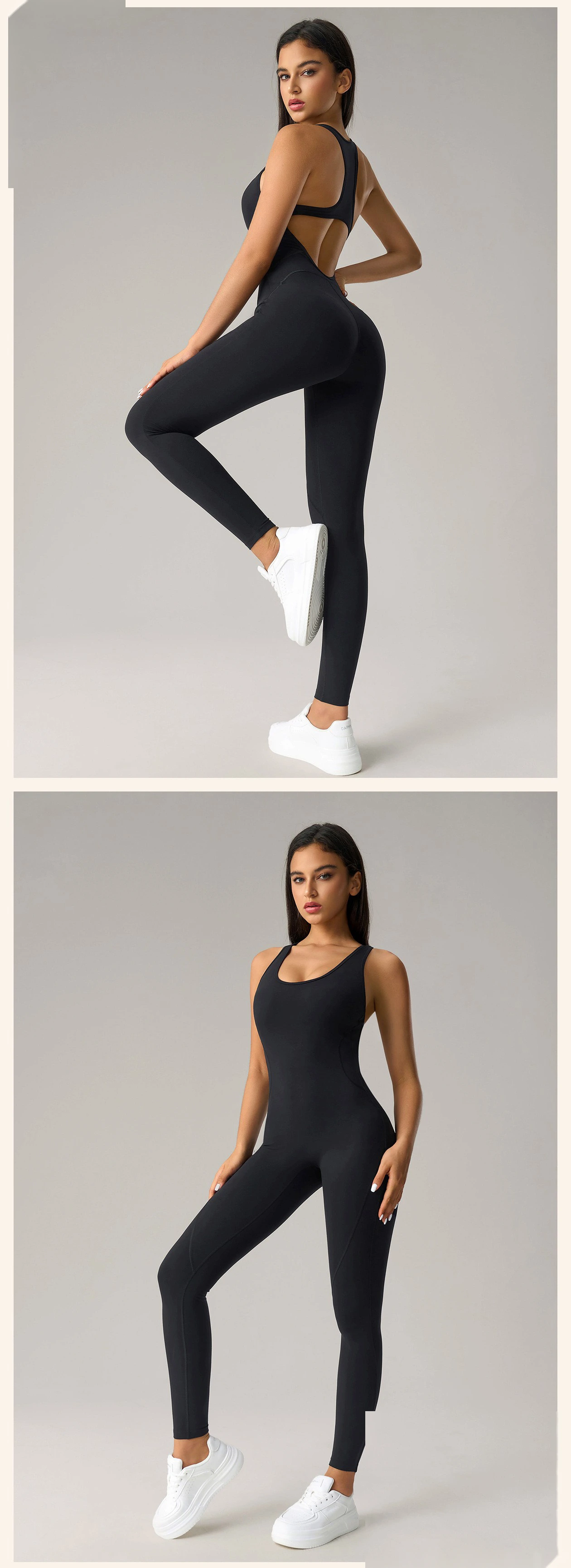 Women’s Custom Fake Two-Piece Camisole Yoga Jumpsuit Sexy Backless Butt Lifting Fitness Bodysuit detail