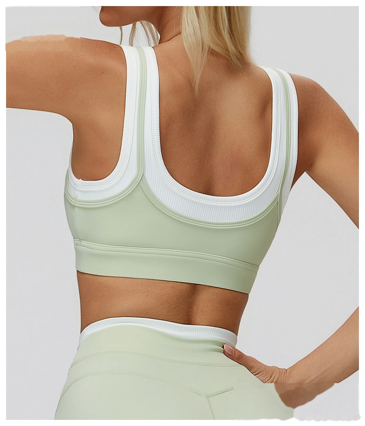 Customizable Naked-Feel Yoga Bra | Women's Fake Two-Piece Ribbed Contrast, Fitness & Running Style detail