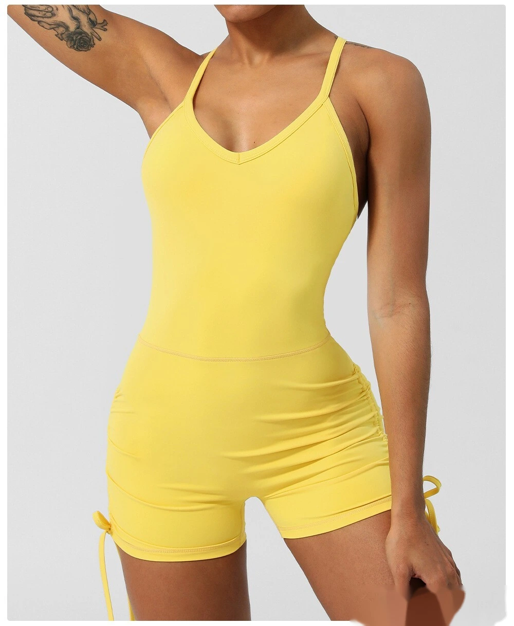 Custom-made European and American thin ribbon cross back yoga clothes tight shorts jumpsuit with chest pad detail