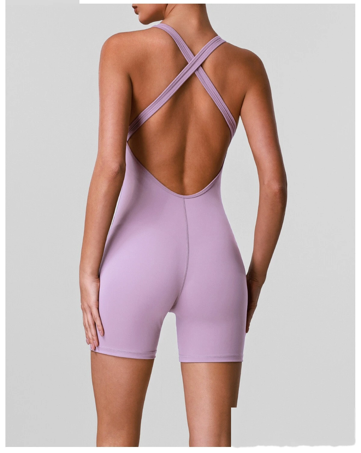 Custom Women’s Crisscross Beauty Back Yoga Romper V-Neck with Chest Pads High Stretch Fitness Short Jumpsuit detail