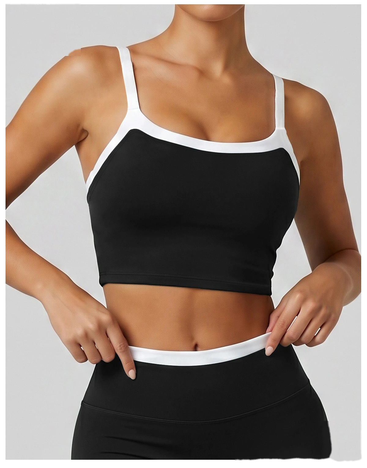 Women Contrast Color Activewear Set, Crisscross Back Tank Top + High Rise Stretch Leggings, Soft Naked-Feel Gym Outfit detail