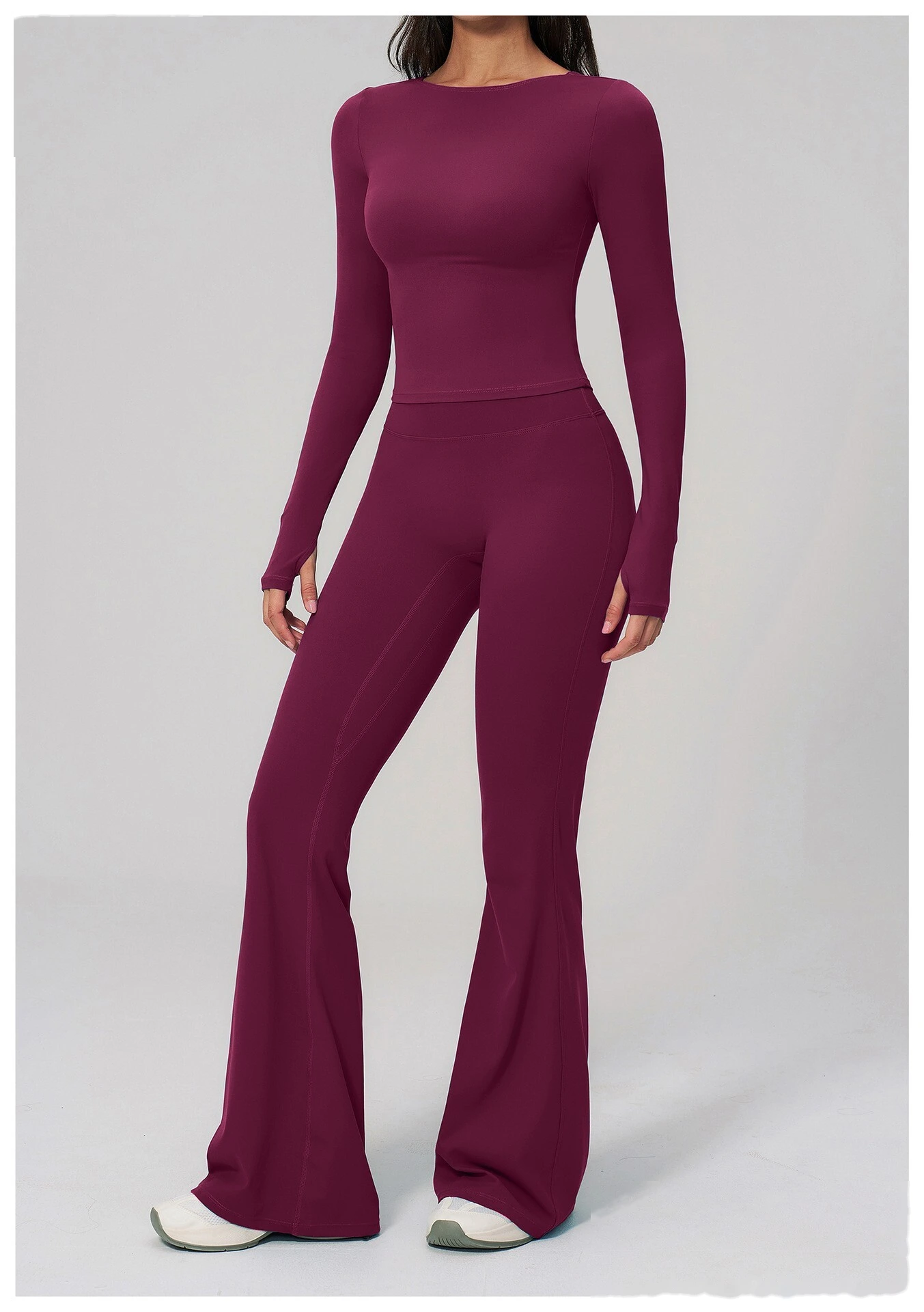 Women's Custom European Style Long Sleeve Sports Top High Waist Slim Hip Lifting Flared Pants Yoga Fitness Set detail