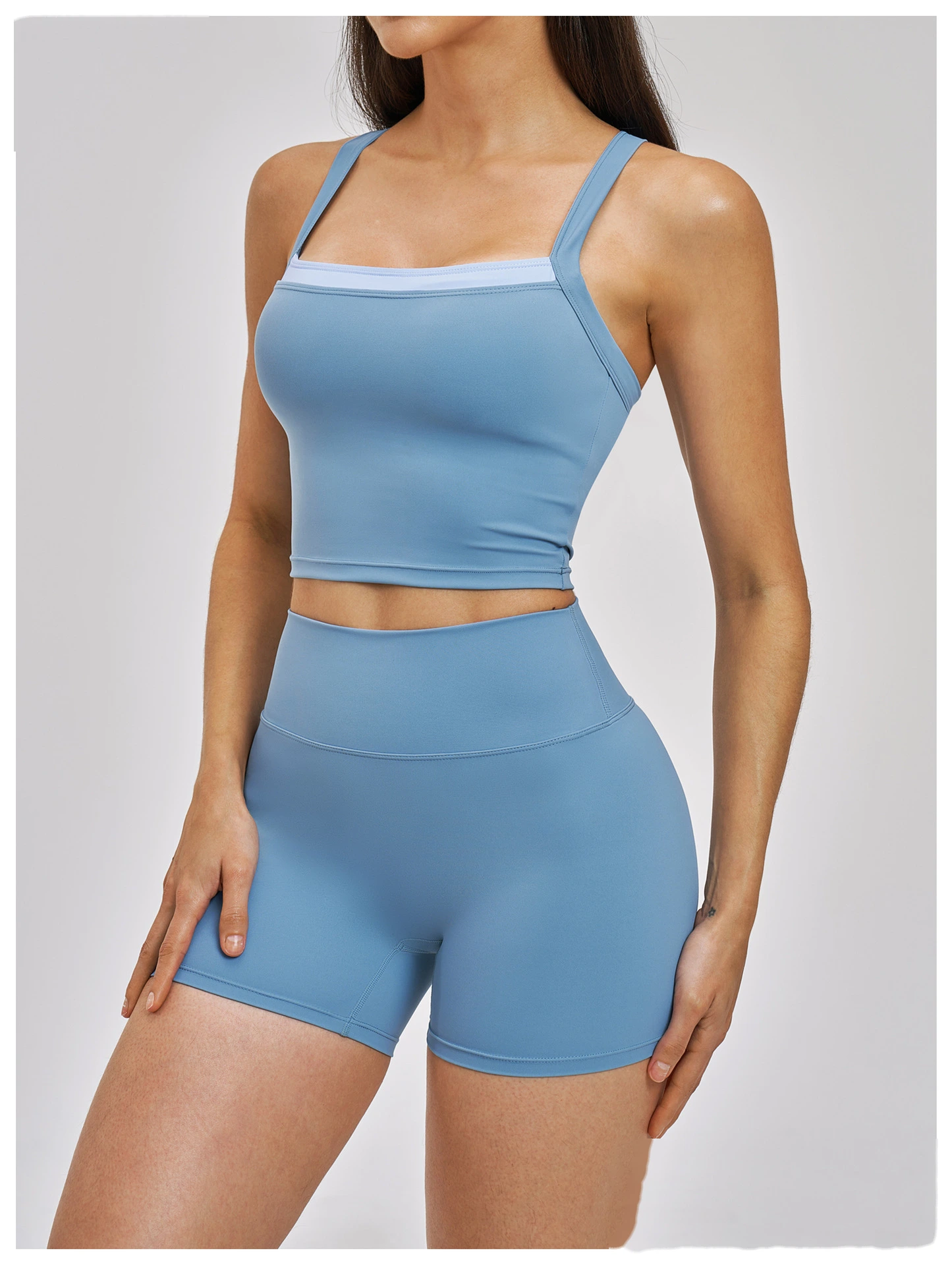 Women’s Fake Two-Piece Yoga Tank Top Set Crisscross Beauty Back Color Block Sports Shorts Active Wear detail