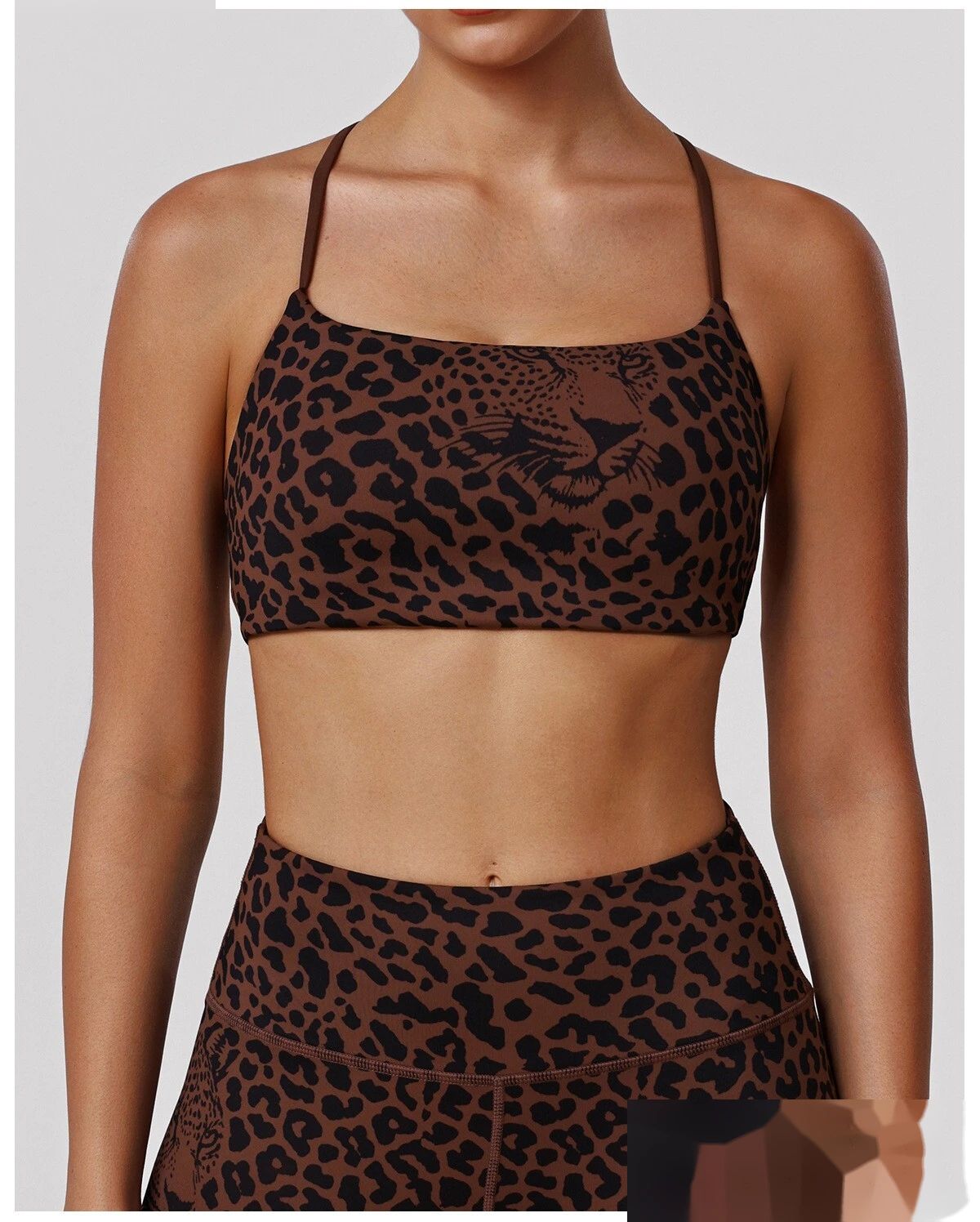 Bulk Custom Padded Leopard Sports Bra - Thin-Strap Criss-Cross Back High-Support Workout Yoga Bra detail