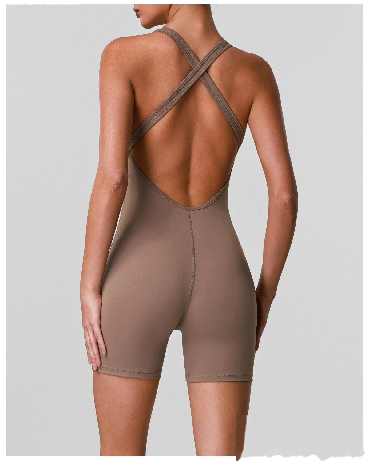 Custom Women’s Crisscross Beauty Back Yoga Romper V-Neck with Chest Pads High Stretch Fitness Short Jumpsuit detail
