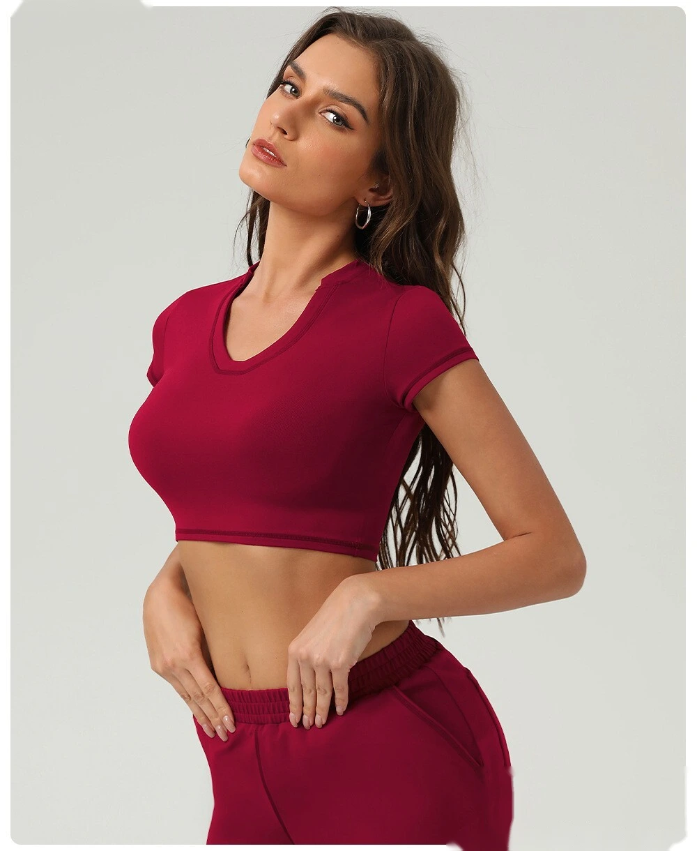 Yoga sports shirt female summer short sleeve high elastic tight yoga fitness T-shirt detail