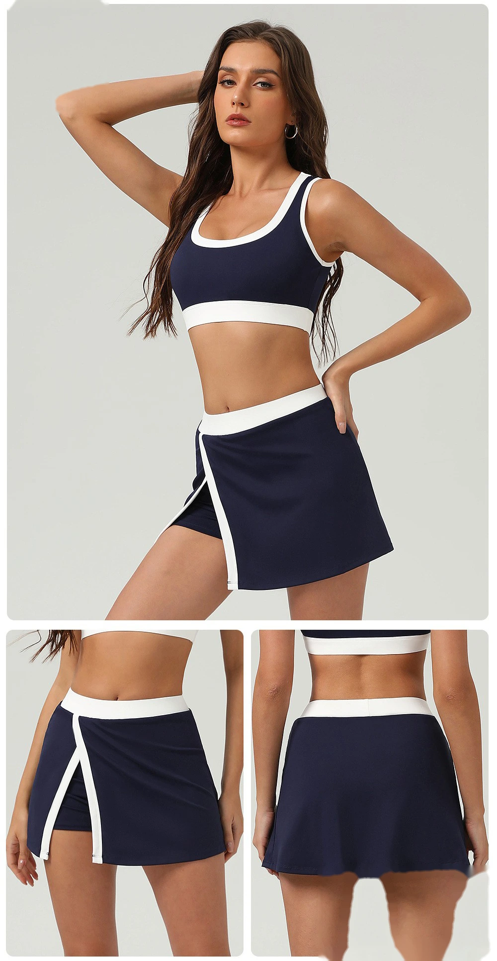 Contrast-color quick-drying tennis skirt, outdoor sports, slit opening and light exposure prevention detail
