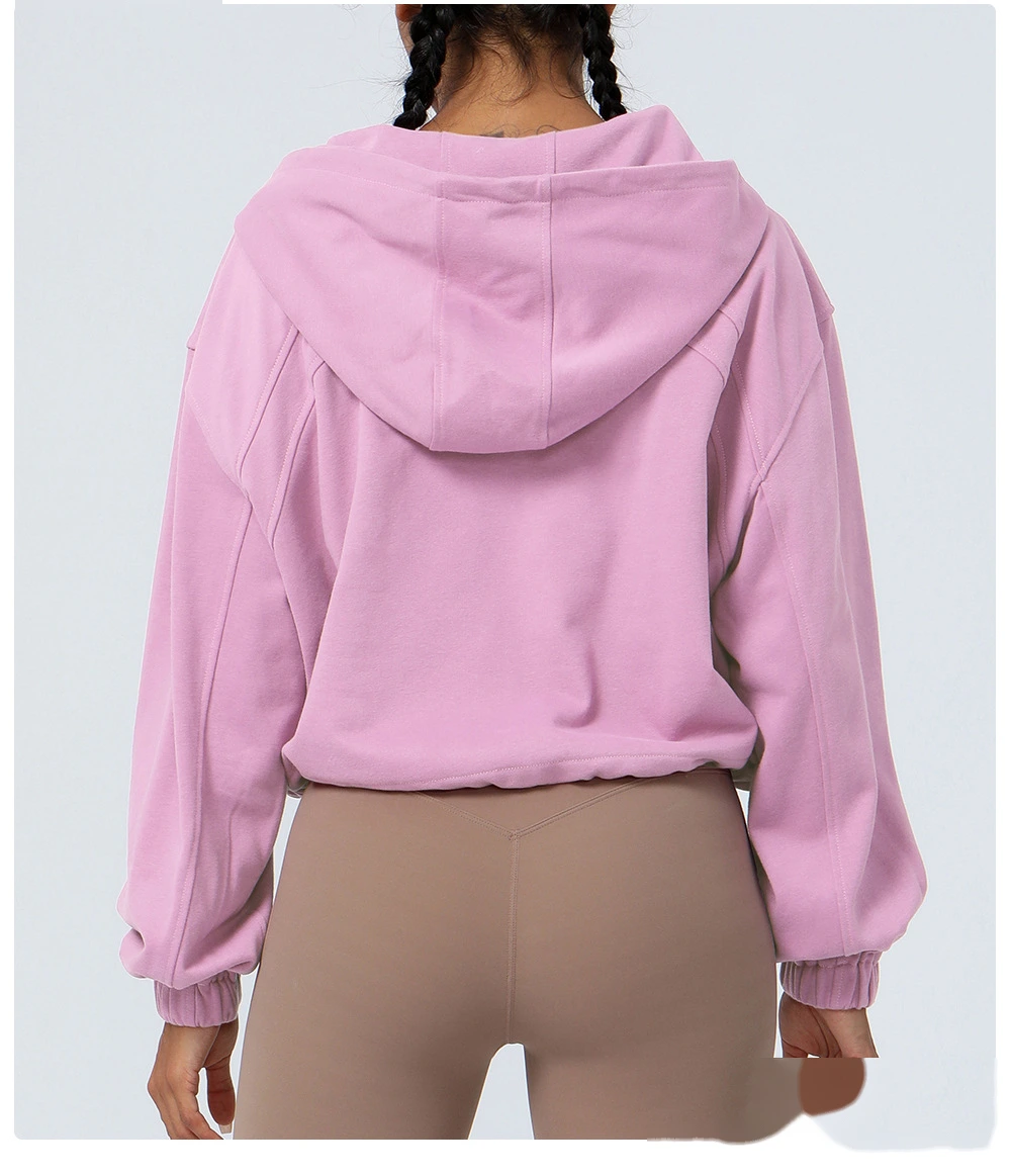Custom hooded zipper loose yoga fitness jacket women's outdoor running coat long sleeve sweater detail