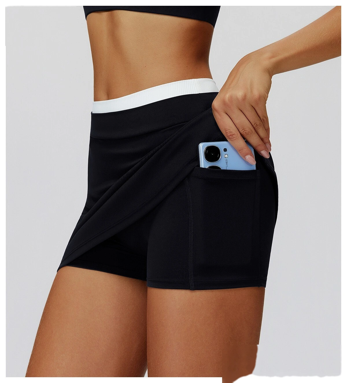 Customizable Naked-Feel Athletic Skirt | Women's Contrast High-Waist Ribbed, Fake Two-Piece, Anti-Slip detail