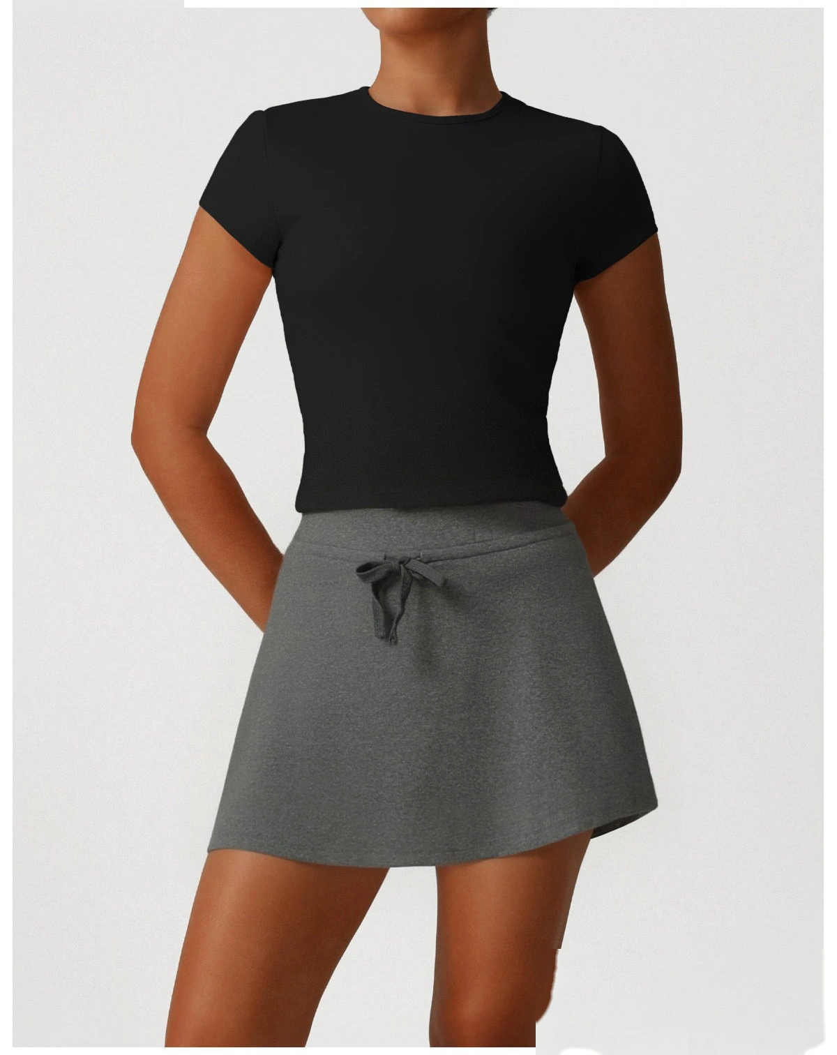 Custom Yoga Tennis Sports Set - Women's Slim Short Sleeve Top & Anti-See-Through Skort Casual Activewear detail