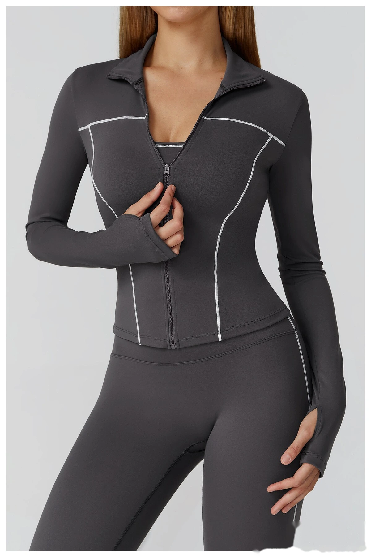 Custom contrast sanding yoga jacket zipper windproof slim coat outdoor sports running fitness clothes women detail
