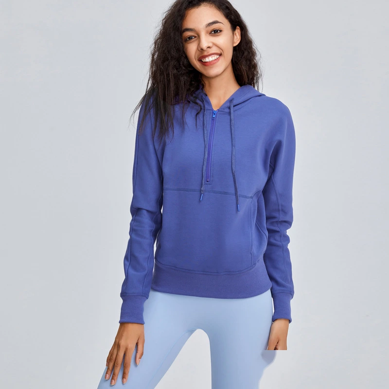 Women running training fitness 1/2 zip long sleeve pullover hoodies detail