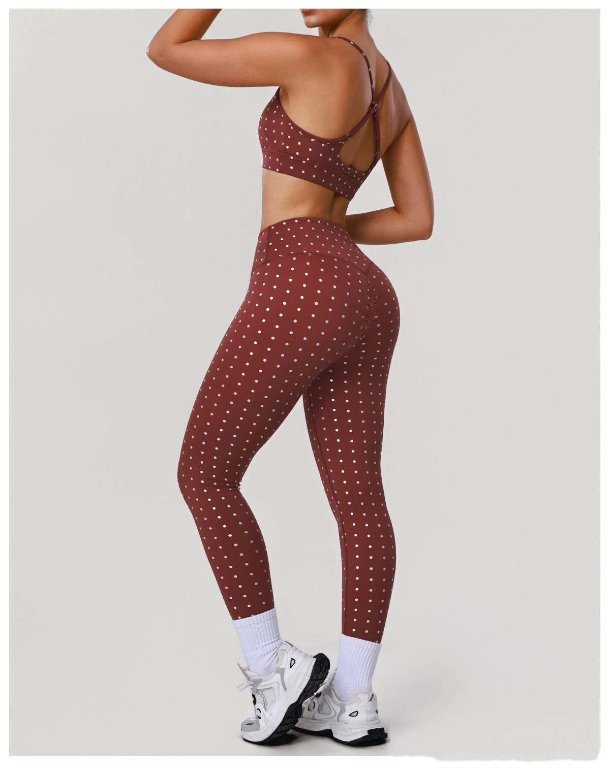 Women's US/EU Thin Strap Yoga Bra - Customizable Silver Hot-Stamped Polka Dot Shockproof High-Elastic Fitness Bra detail