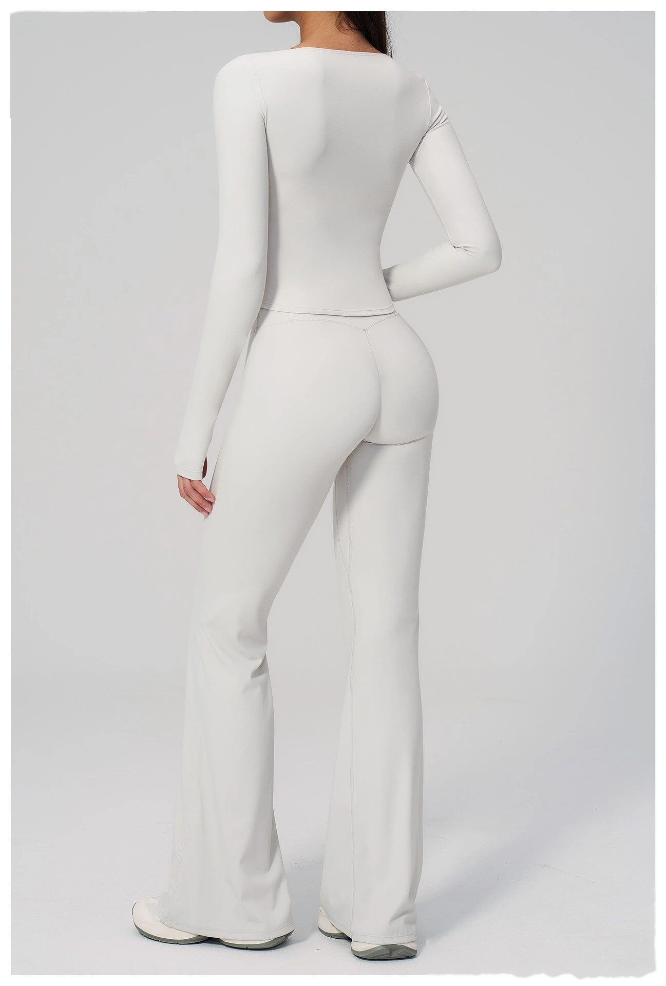Women's Custom European Style Long Sleeve Sports Top High Waist Slim Hip Lifting Flared Pants Yoga Fitness Set detail
