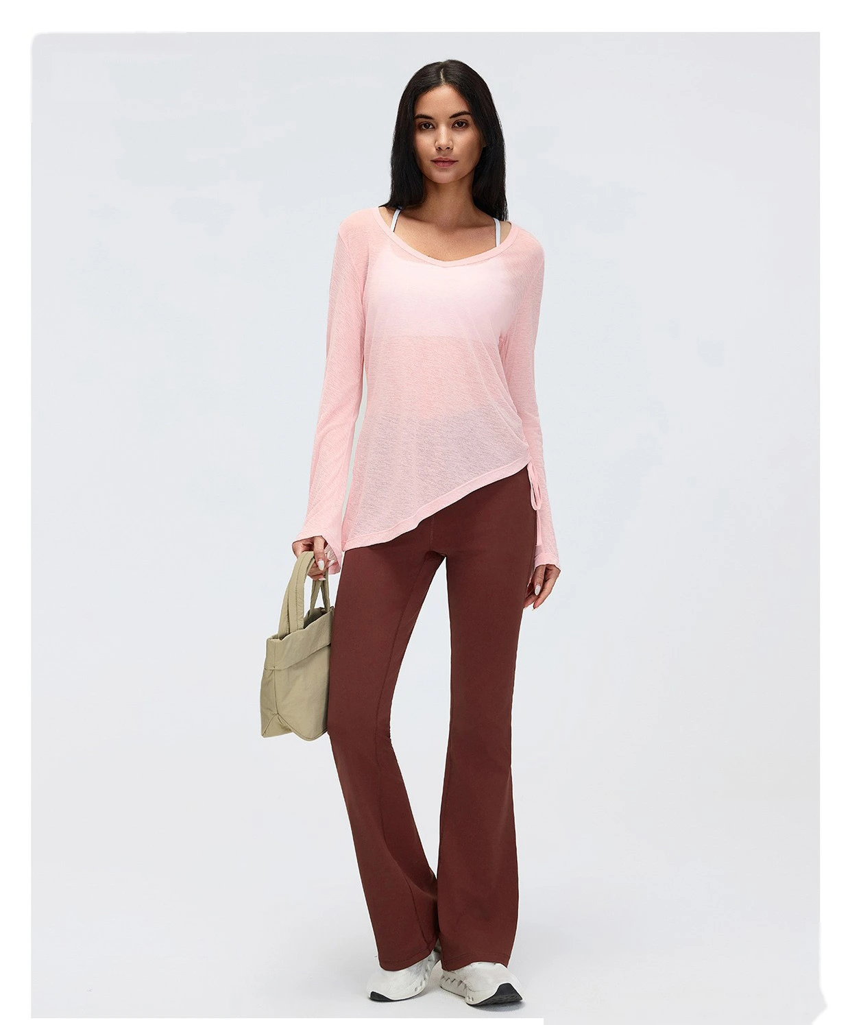 Women’s V-Neck Long Sleeve Yoga Shirt Drawstring Waist Slim Fit Casual Sports Tee Loose Cover Up detail